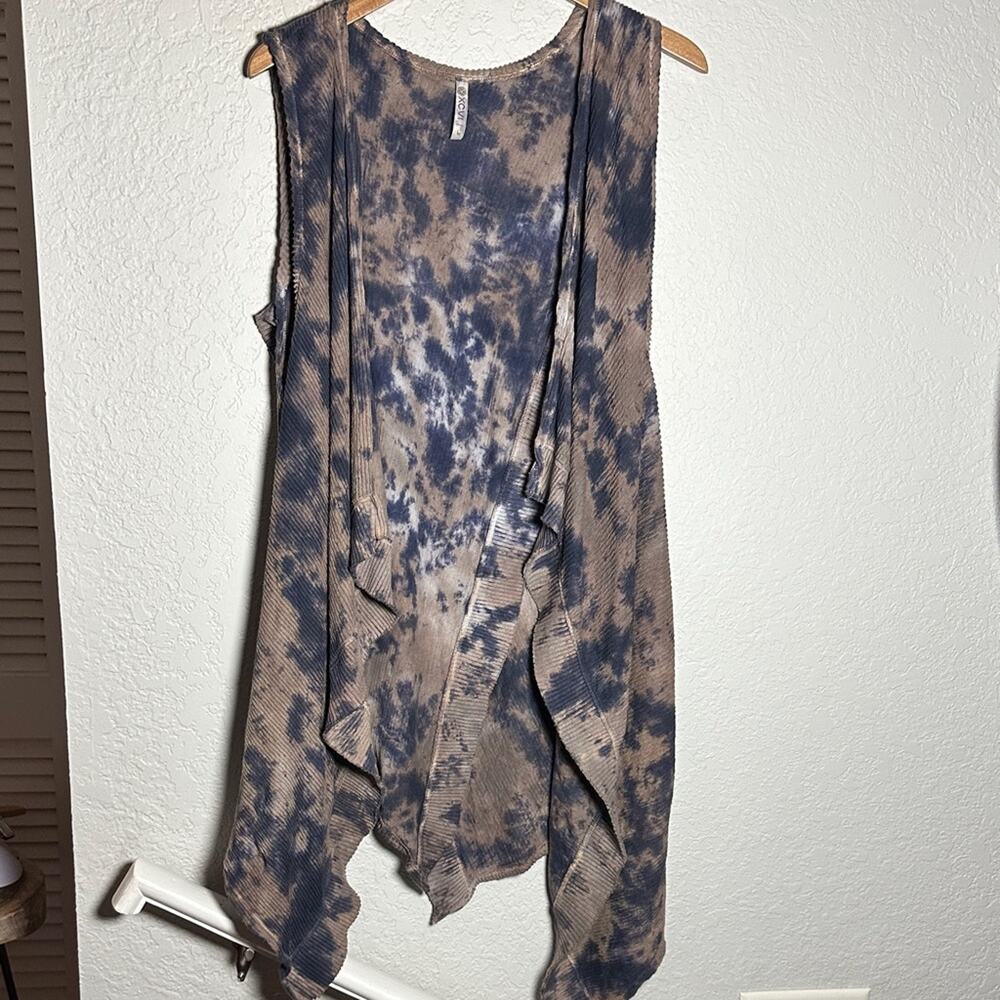 XCVI Blue Brown Tie Dye Vest Ribbed Split Back Long Cardigan Lagenlook Layer
